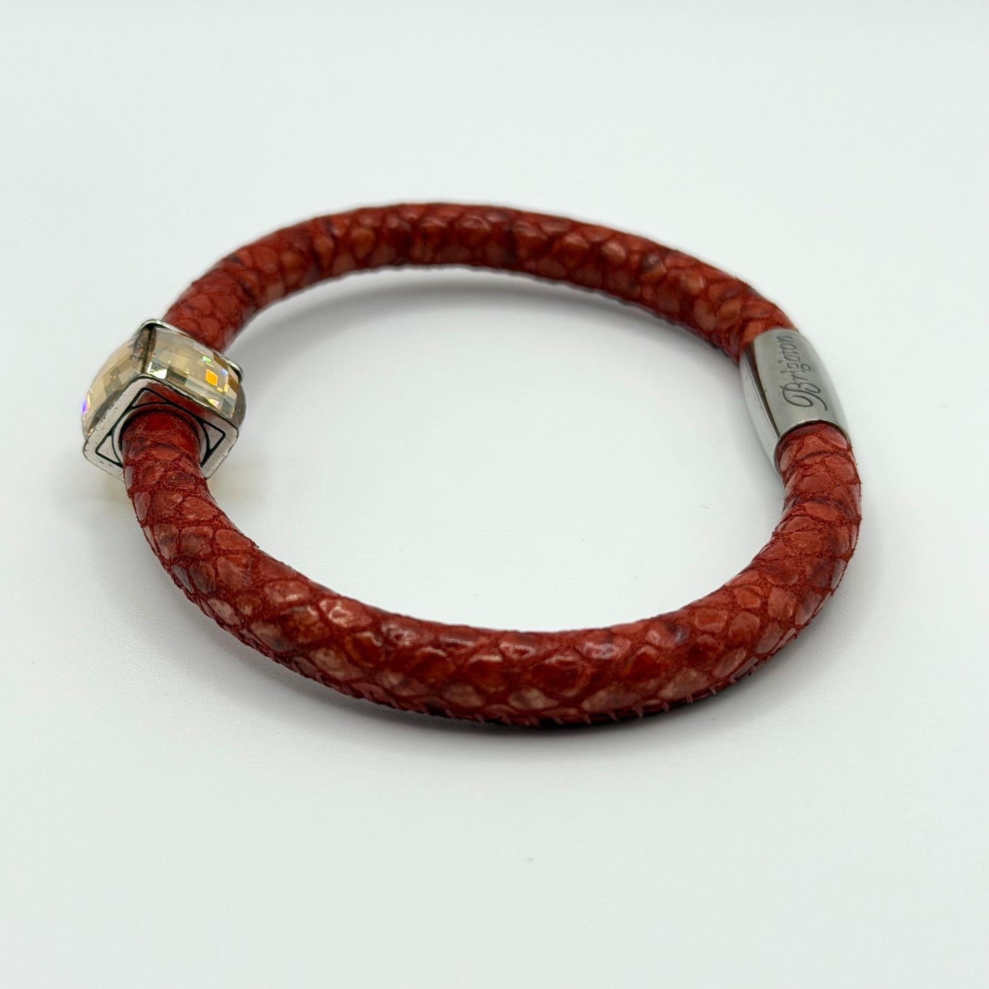 Brighton Red Leather Bracelet With Crystal Bead Accent Magnetic Clasp