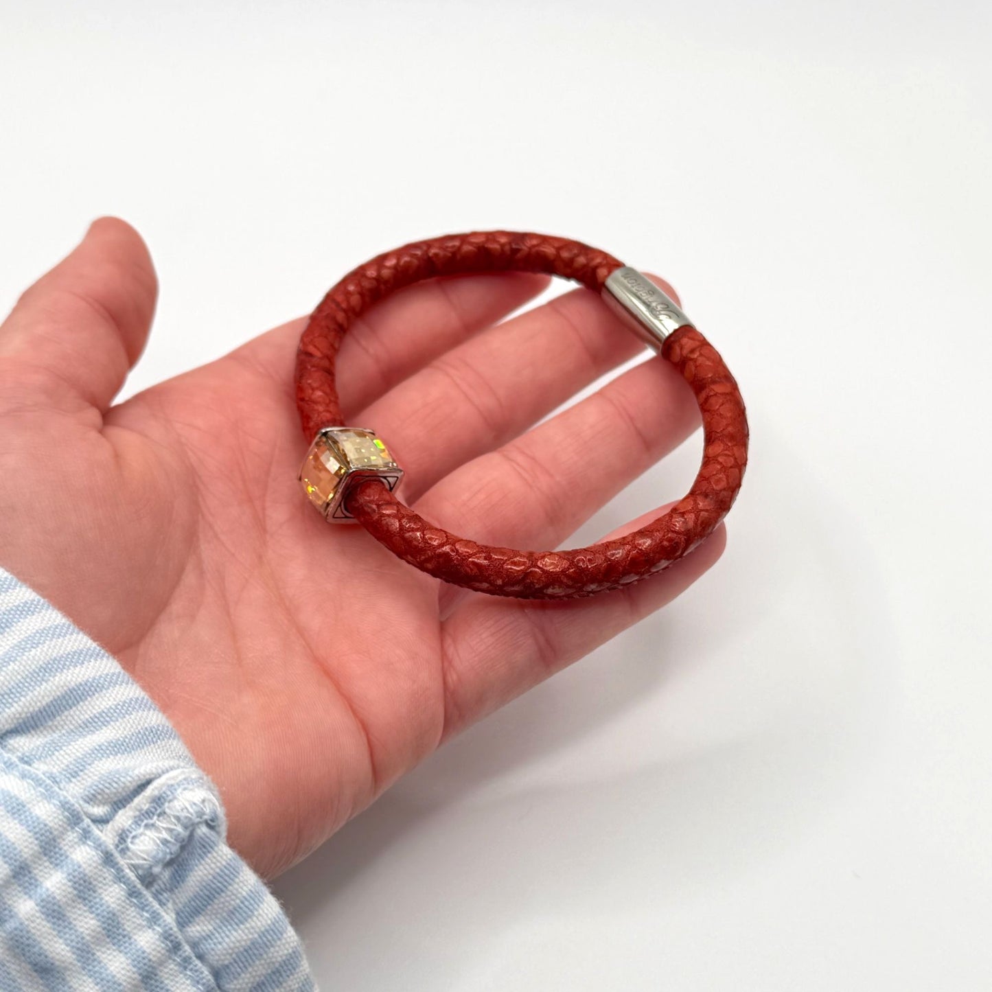 Brighton Red Leather Bracelet With Crystal Bead Accent Magnetic Clasp