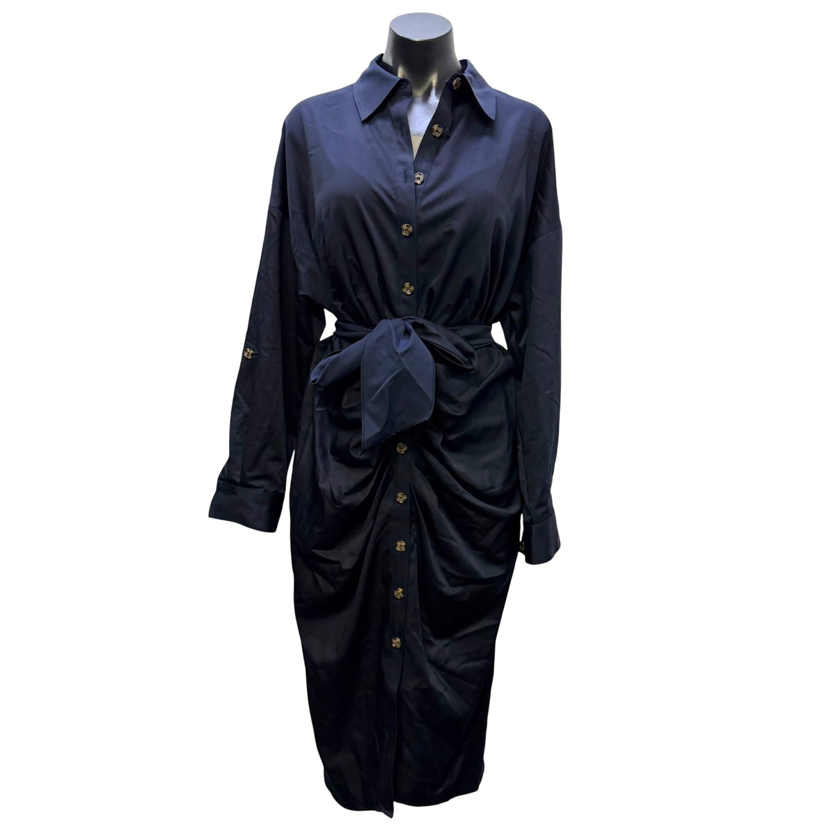 NWT Antonio Melani Navy Button-Down Midi Shirt Dress With Tie Waist 6