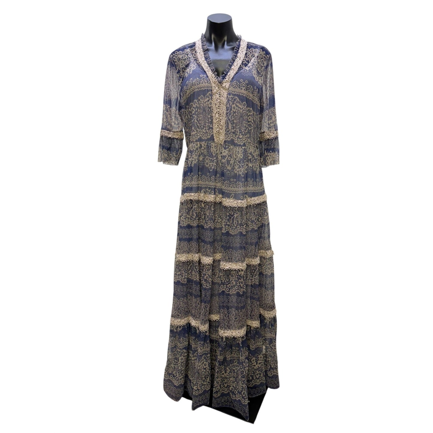 Johnny Was Biya Lace Trim Maxi Dress With Slip Blue Cream L
