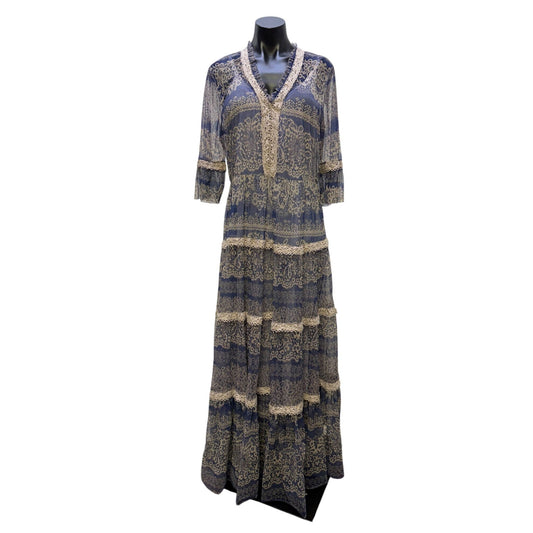 Johnny Was Biya Lace Trim Maxi Dress With Slip Blue Cream L