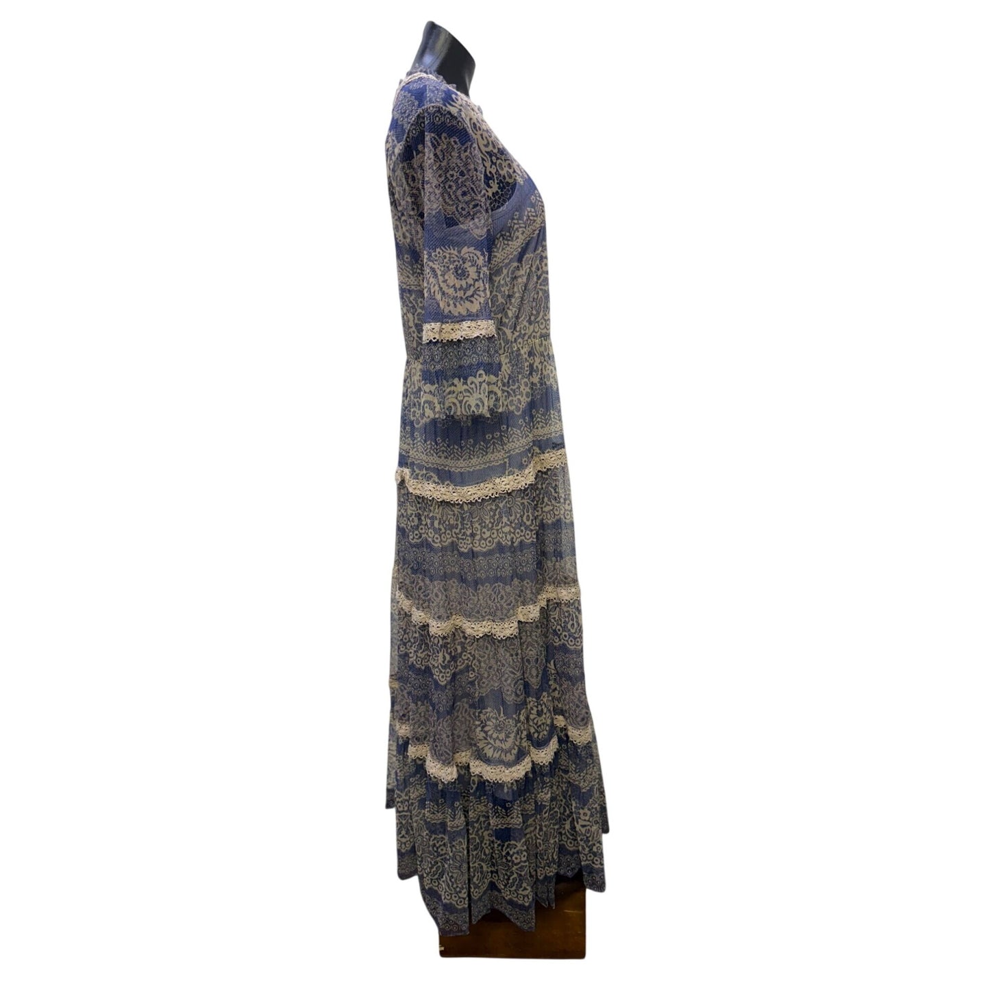 Johnny Was Biya Lace Trim Maxi Dress With Slip Blue Cream L