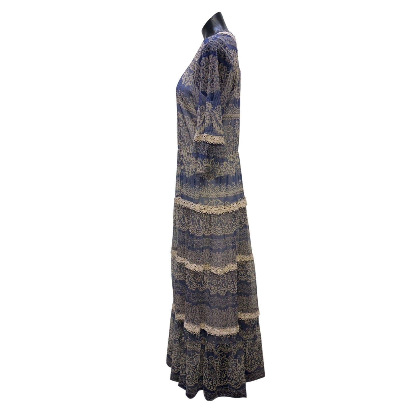 Johnny Was Biya Lace Trim Maxi Dress With Slip Blue Cream L