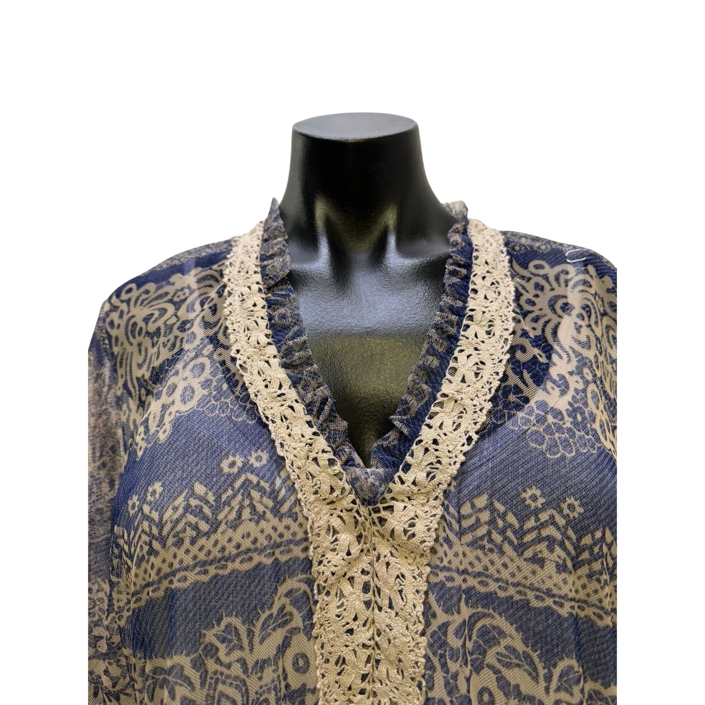 Johnny Was Biya Lace Trim Maxi Dress With Slip Blue Cream L