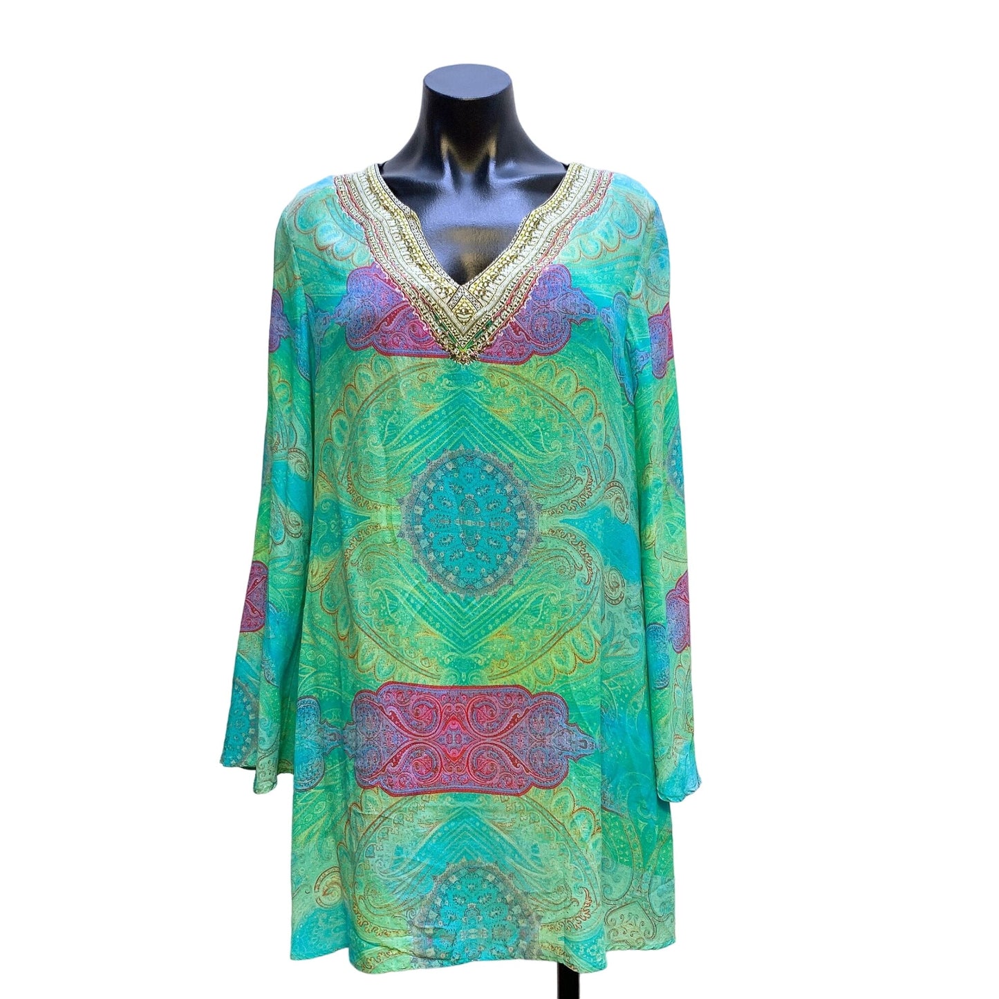 Camilla Multi Colored Embellished Silk Tunic Blouse Medium/Large