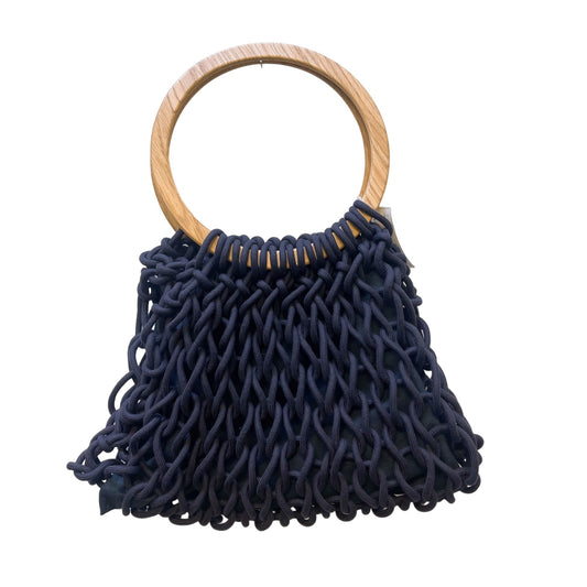 Alienina Navy W/Wooden Handles Woven Rope & Canvas Shoulder Handbag Size Large