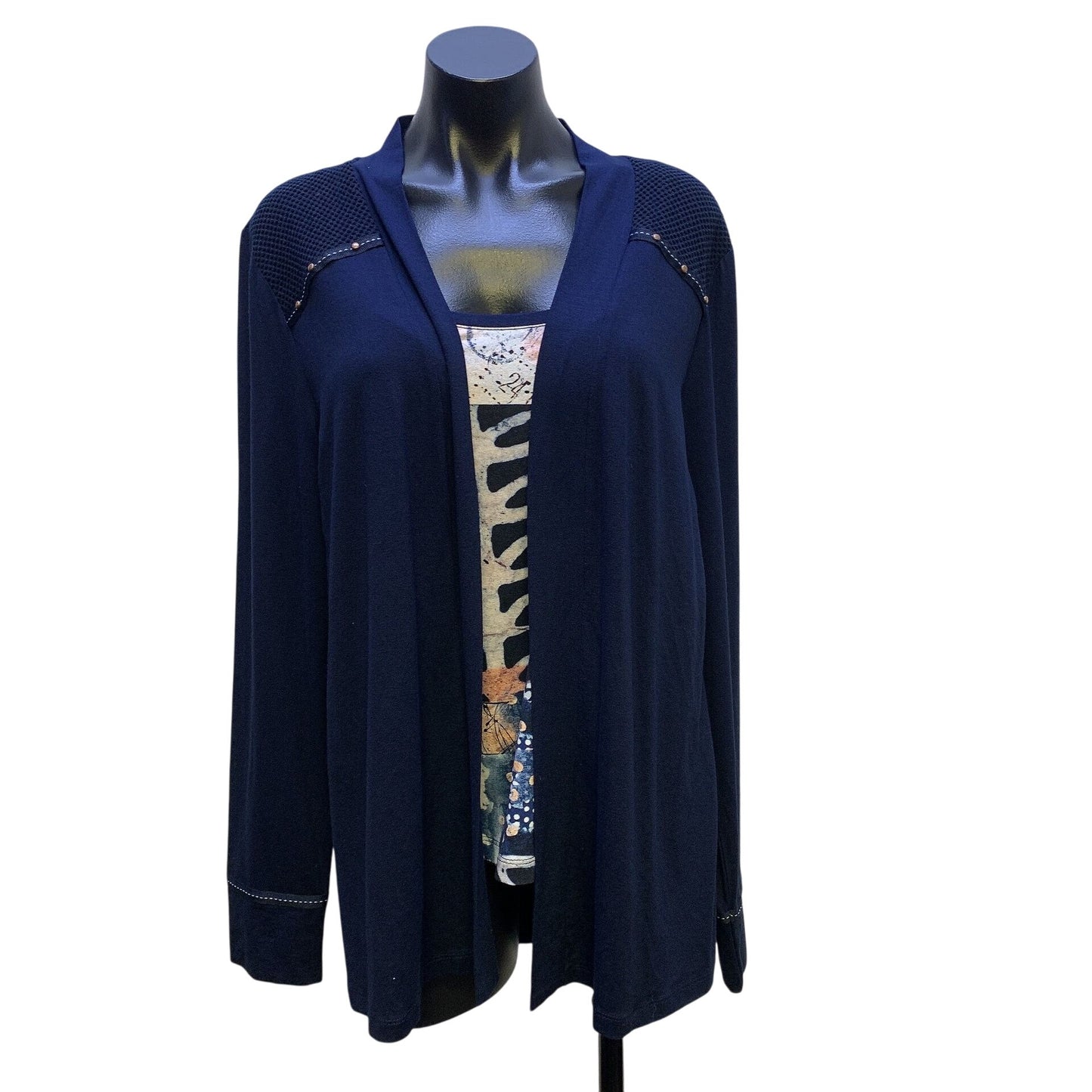 NWT Simply Art by Dolcezza Navy w/Abstract Print Shell & Attached Cardigan Size XL