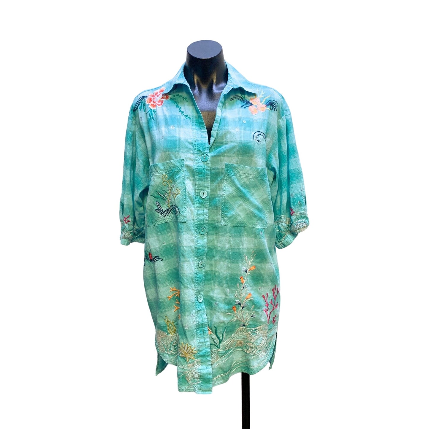 Johnny Was Embroidered Plaid Button-Up Shirt Tunic S