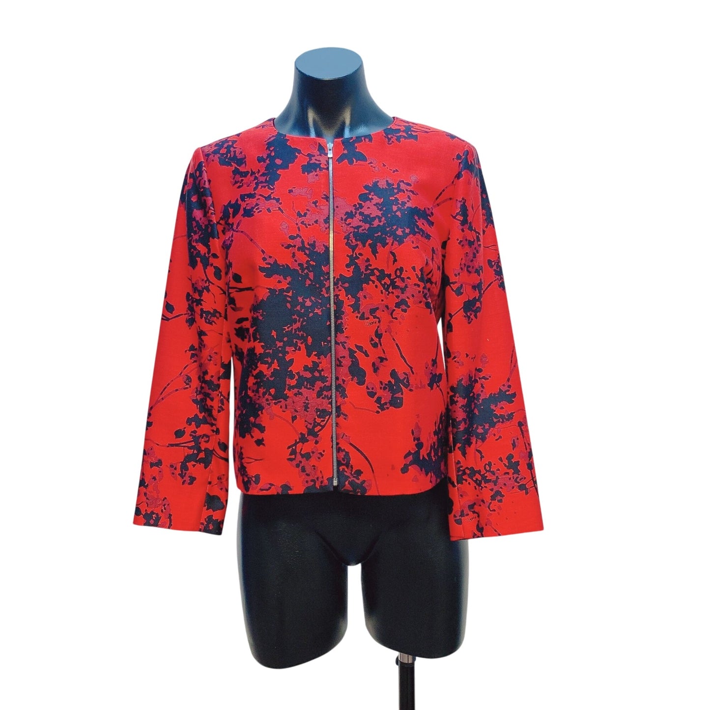 Diane Von Furstenberg Red Black Floral Print Zip-Up Jacket Size 6