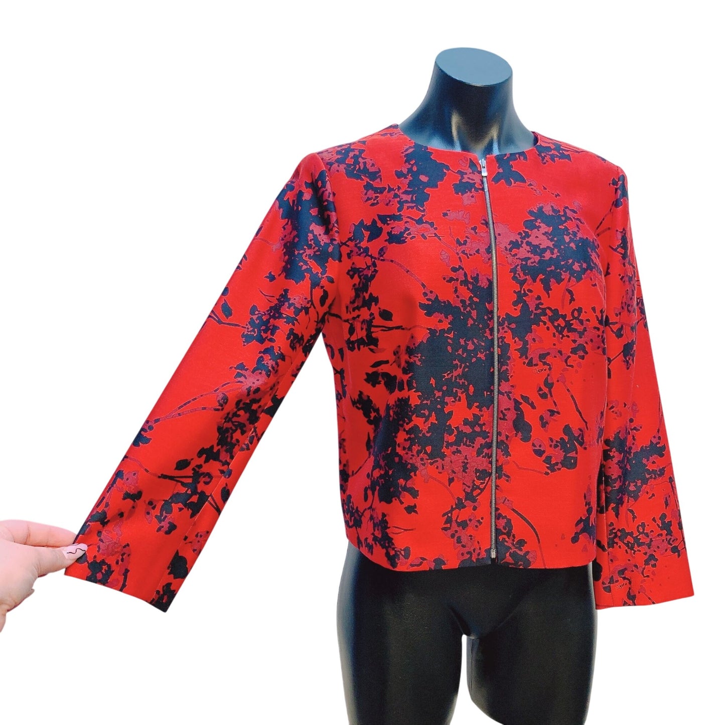 Diane Von Furstenberg Red Black Floral Print Zip-Up Jacket Size 6