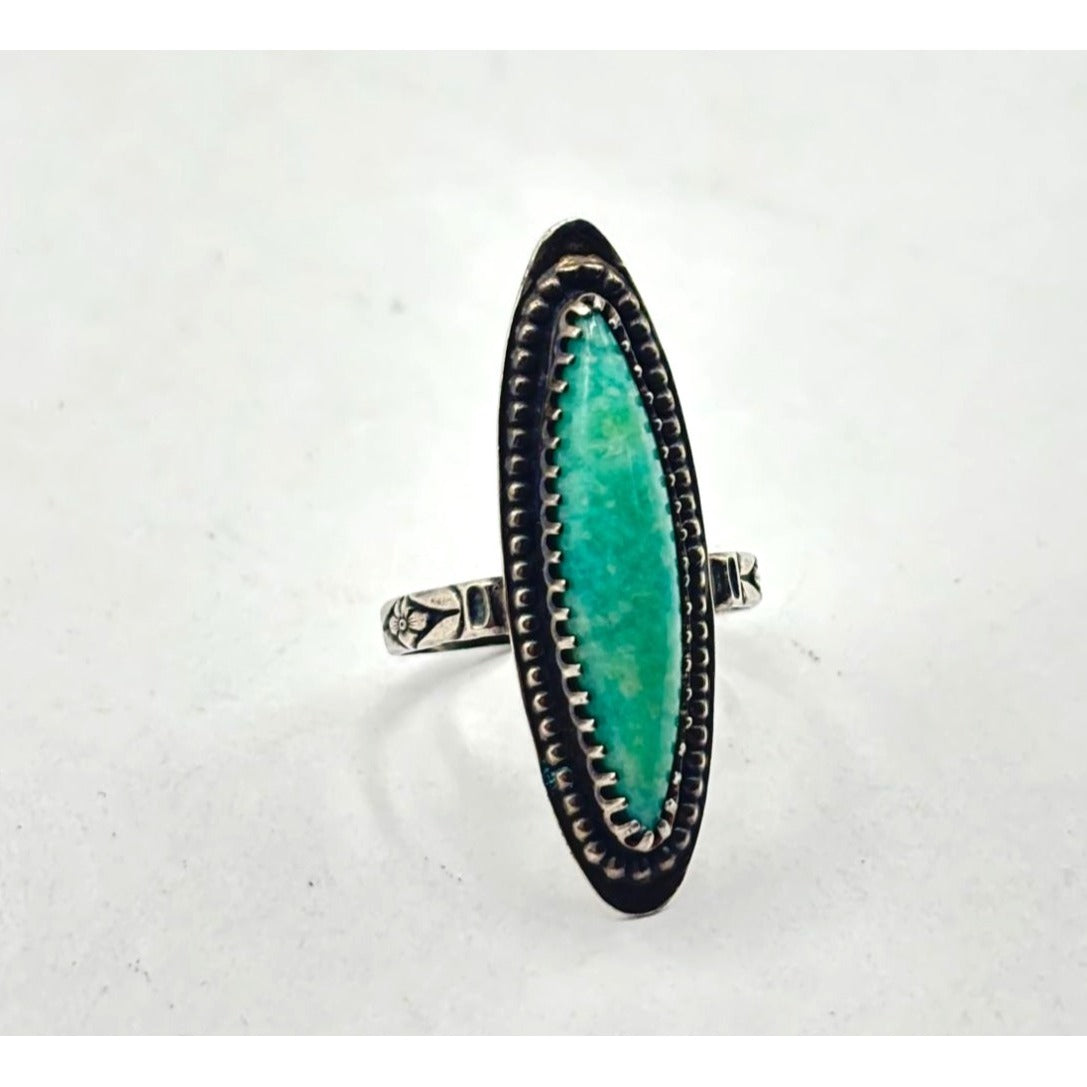Vintage Silver Tone Turquoise Ring Size 7.5 - Elongated Oval Design