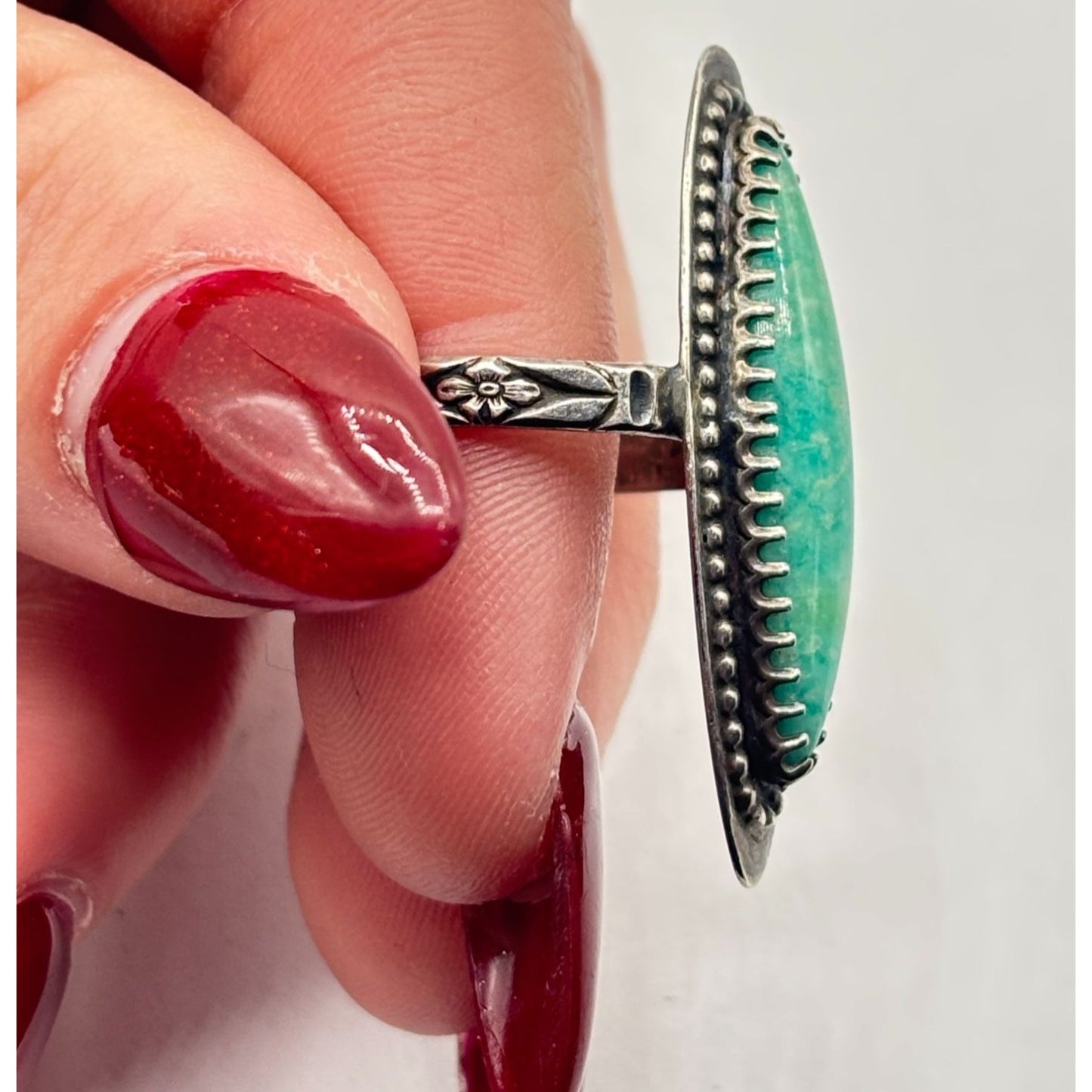 Vintage Silver Tone Turquoise Ring Size 7.5 - Elongated Oval Design