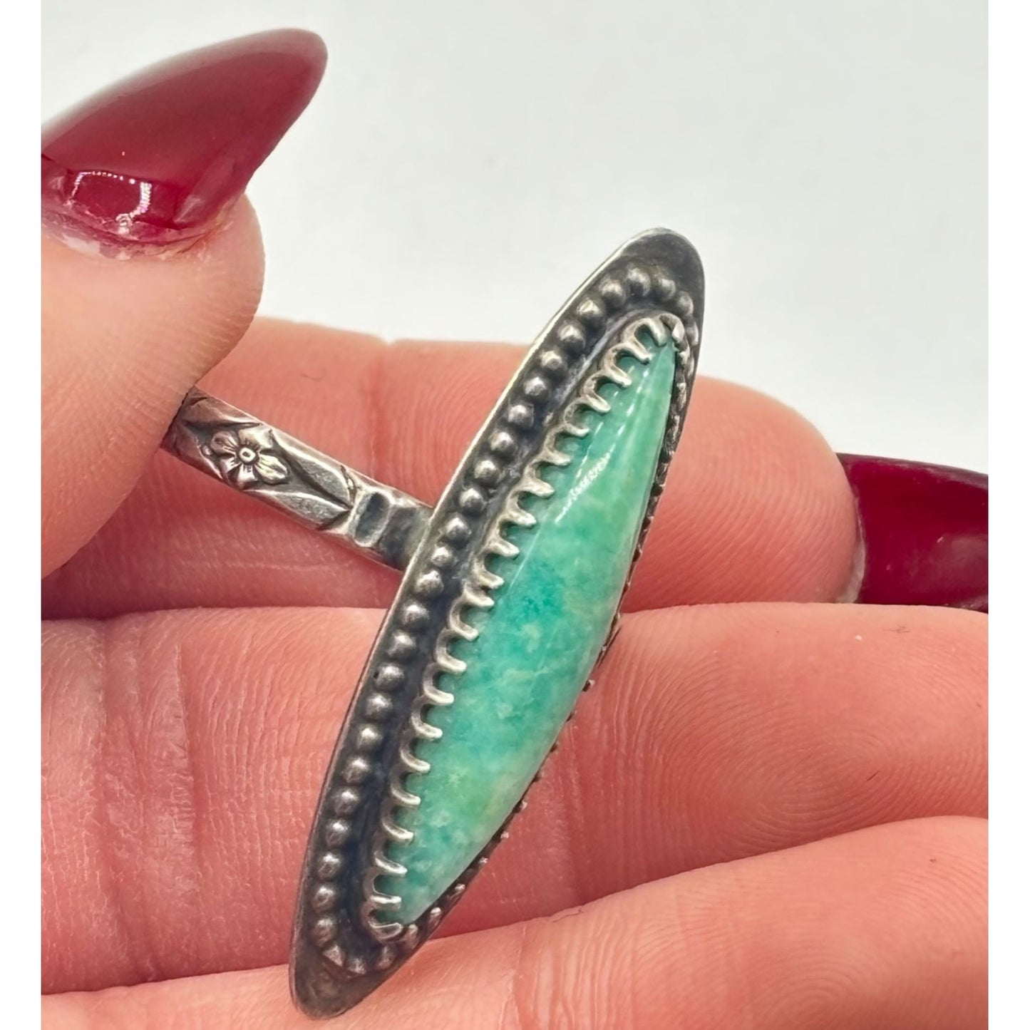 Vintage Silver Tone Turquoise Ring Size 7.5 - Elongated Oval Design