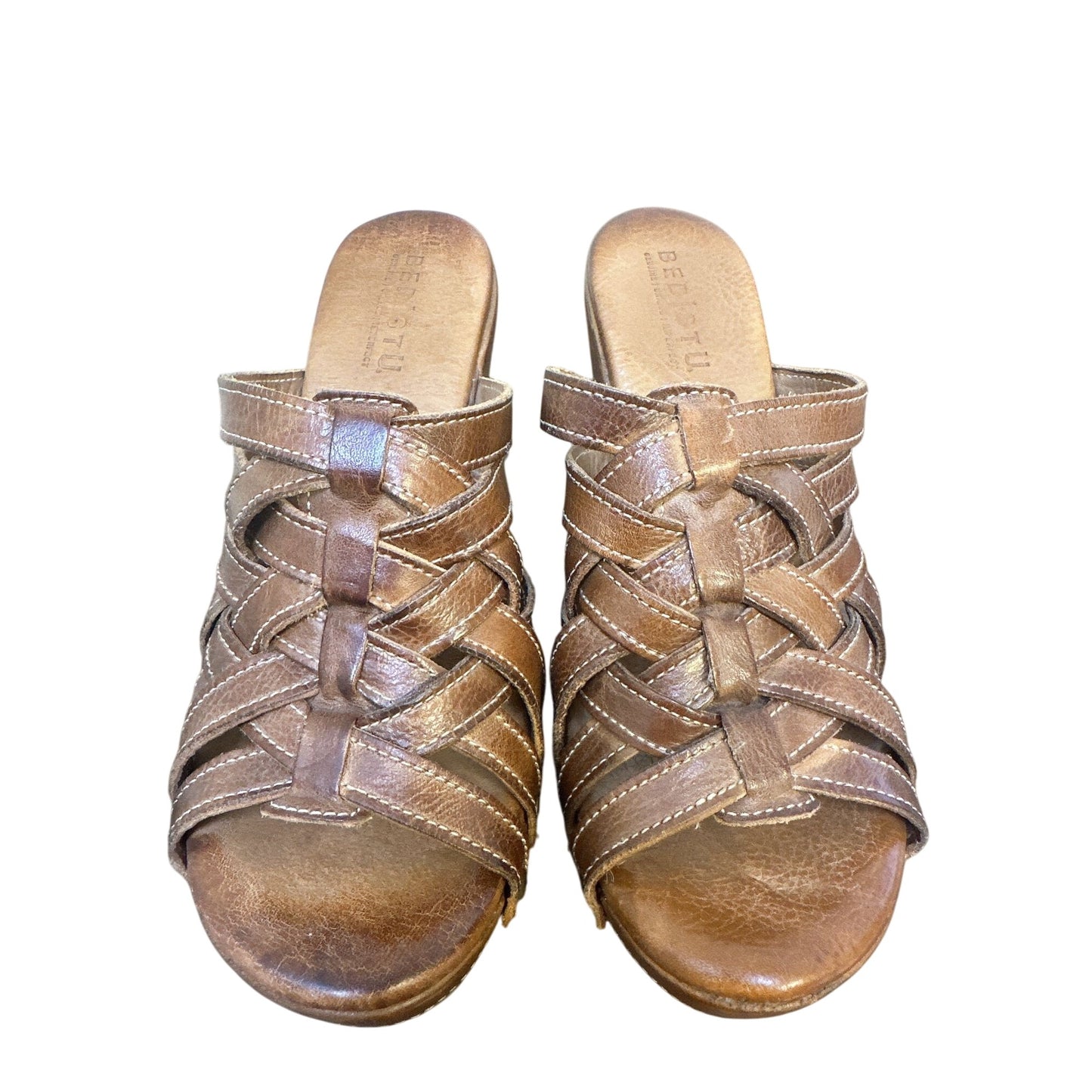 Bed Stu Brown Leather Slide-On Wedge Sandals w/Studded Straps & Braided Design Size 9.5