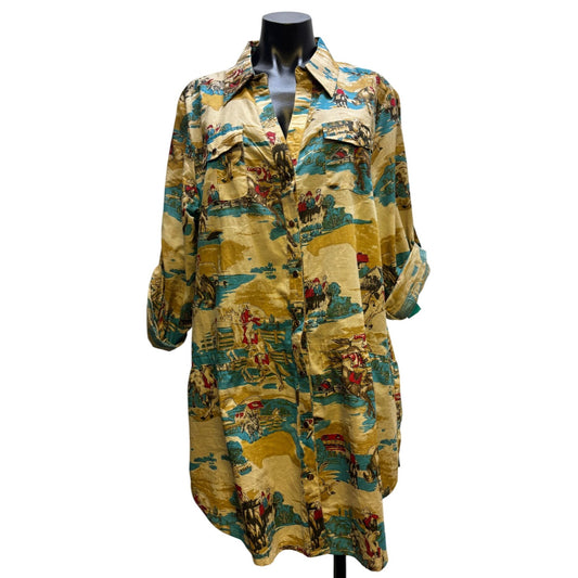 Tasha Polizzi Western Print Tunic Blouse XL Brown & Turquoise