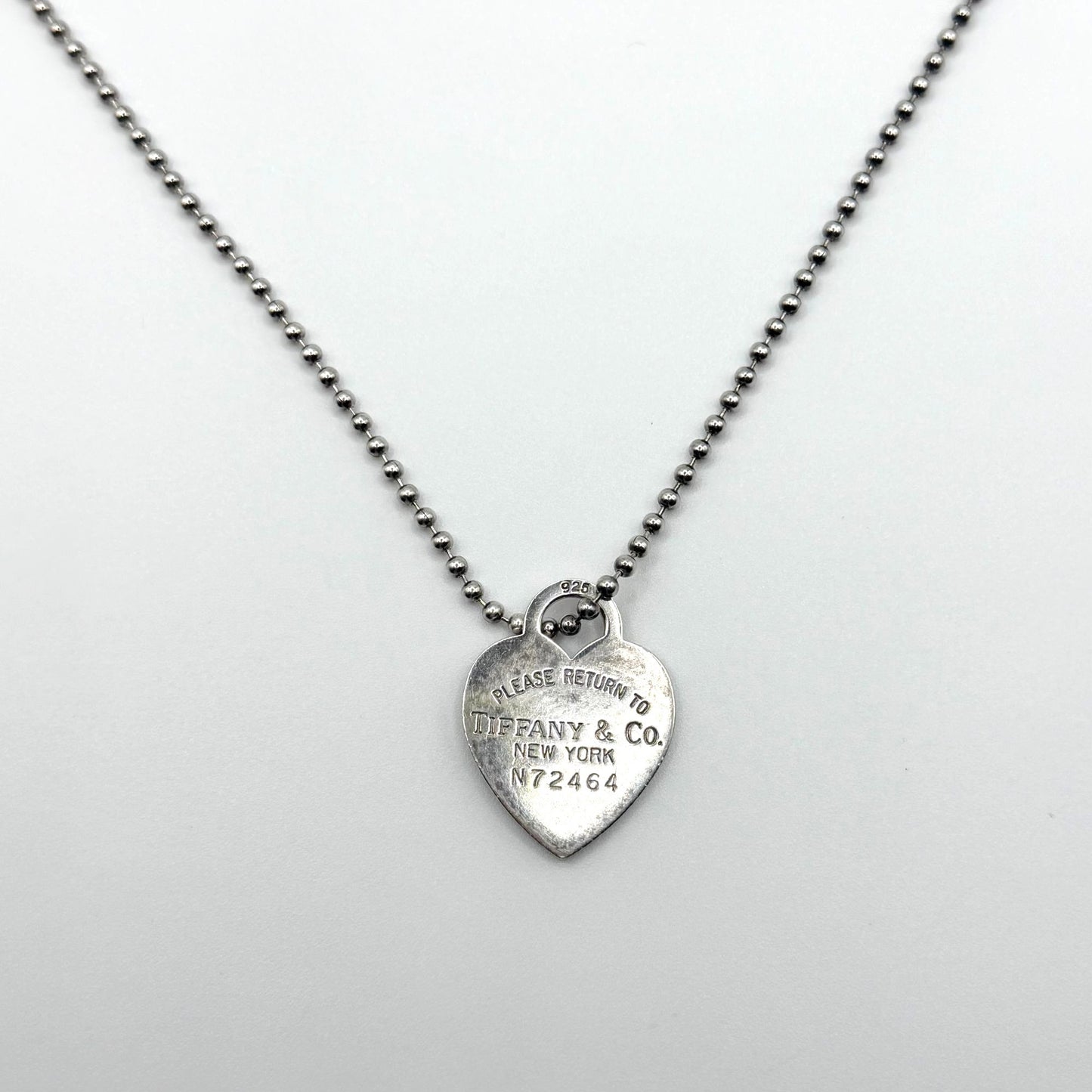 Tiffany & Co. 925 Sterling Silver Heart Tag Pendant Necklace Ball Chain