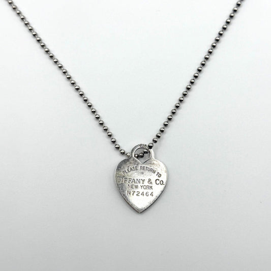 Tiffany & Co. 925 Sterling Silver Heart Tag Pendant Necklace Ball Chain