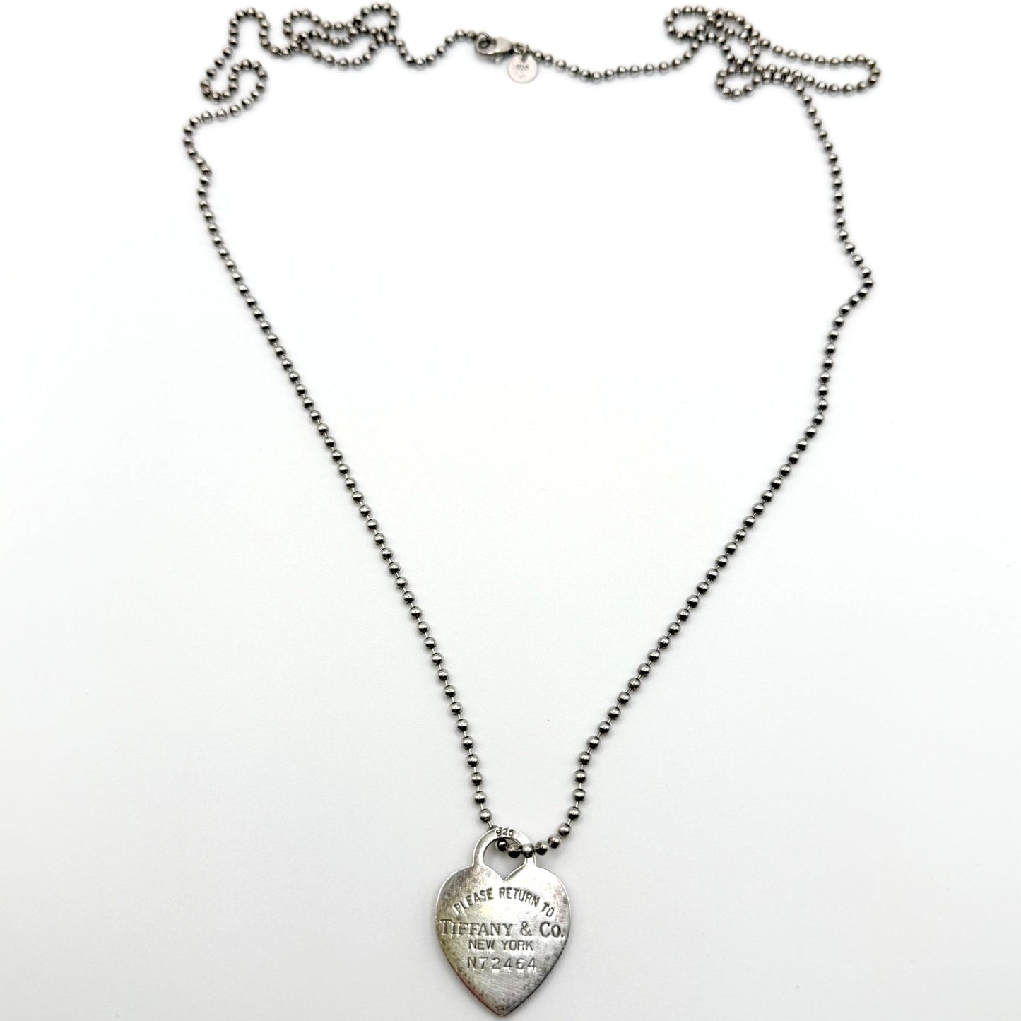 Tiffany & Co. 925 Sterling Silver Heart Tag Pendant Necklace Ball Chain