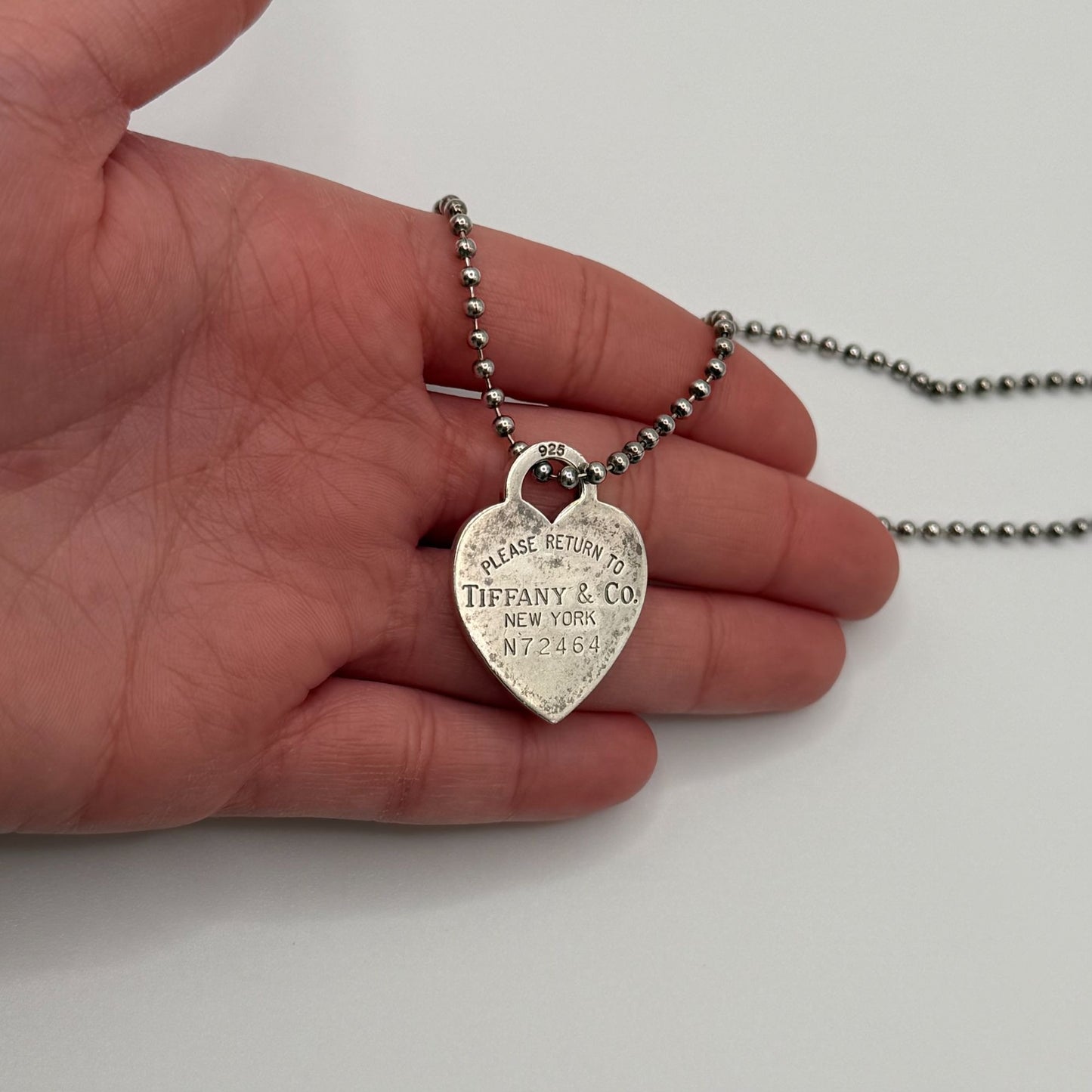Tiffany & Co. 925 Sterling Silver Heart Tag Pendant Necklace Ball Chain