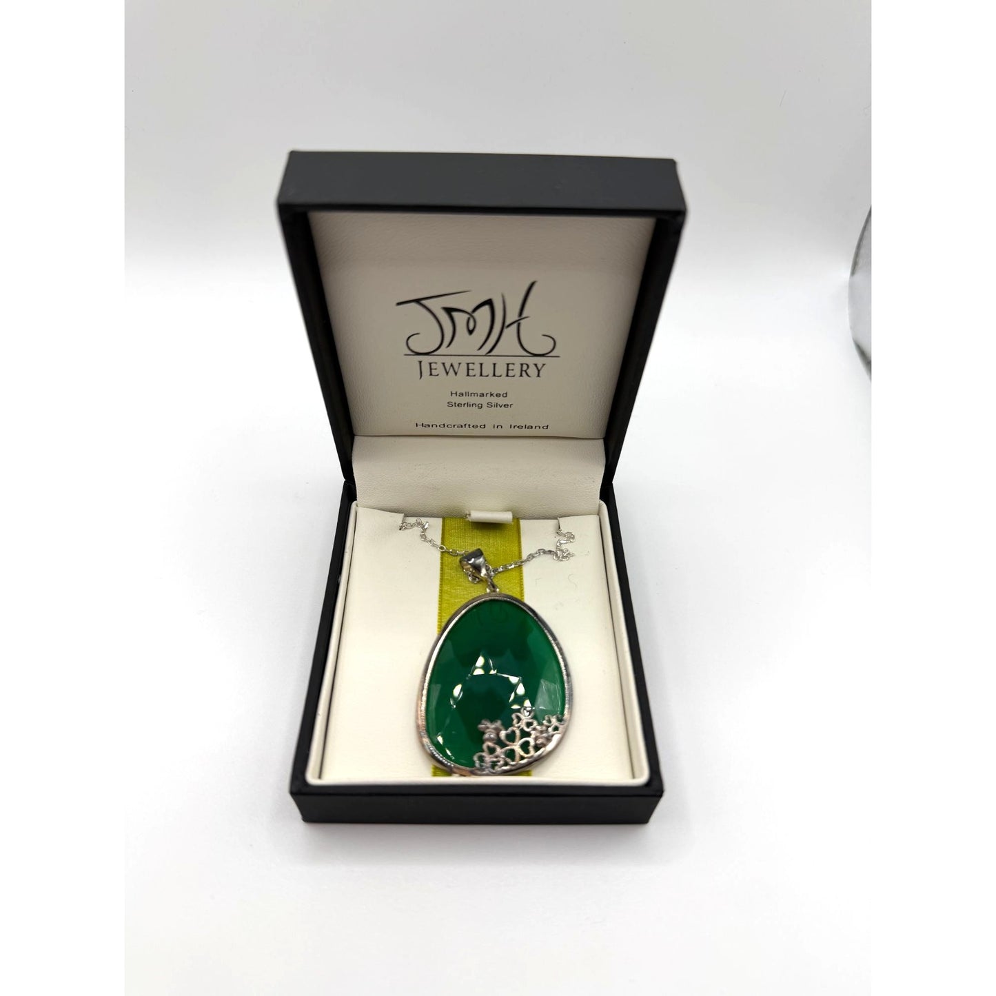 JMH Jewellery Sterling Silver Necklace Green Gemstone Pendant Shamrock Detail Made in Ireland