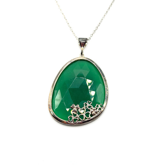 JMH Jewellery Sterling Silver Necklace Green Gemstone Pendant Shamrock Detail Made in Ireland