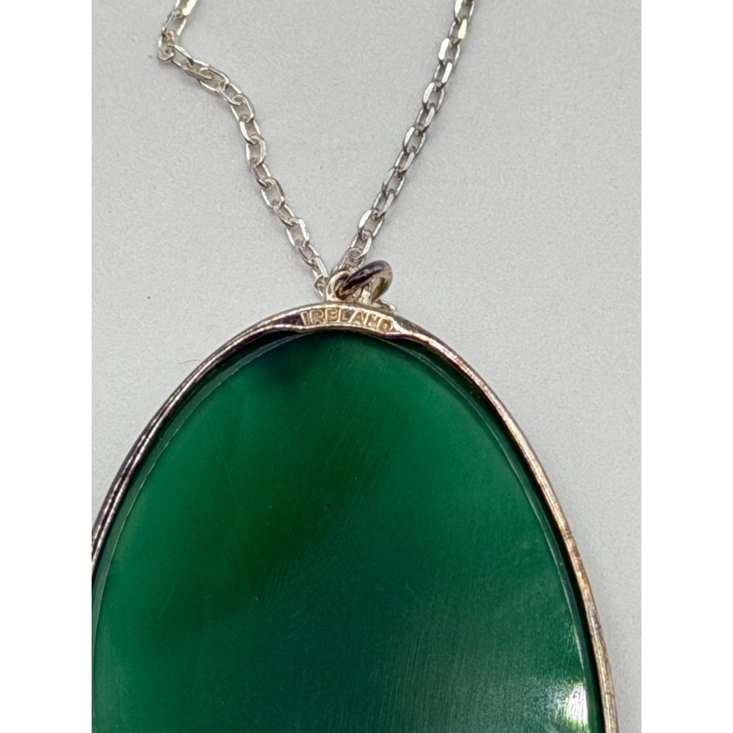 JMH Jewellery Sterling Silver Necklace Green Gemstone Pendant Shamrock Detail Made in Ireland