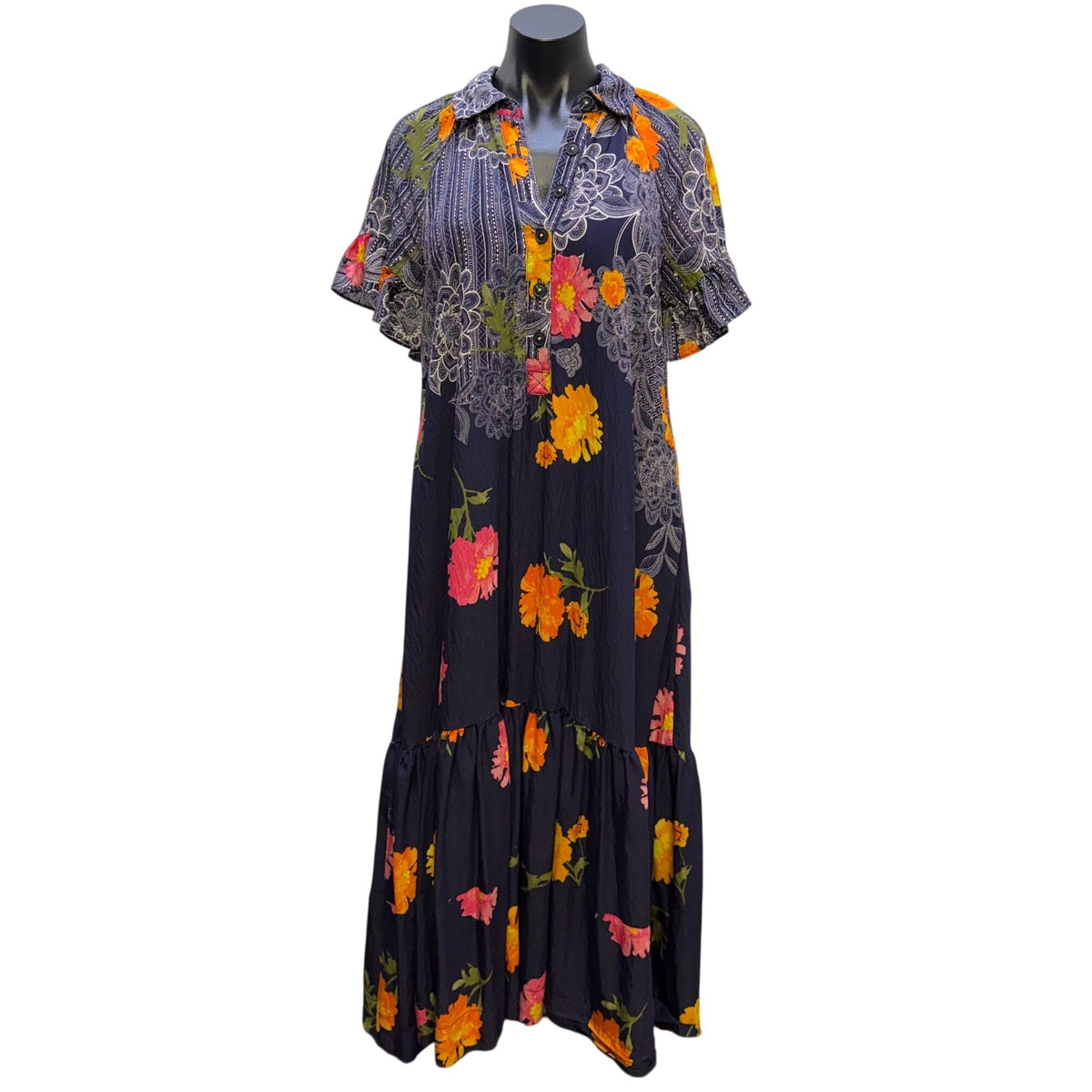 By Anthropologie Navy Multi Floral Button-Down Maxi Dress XS