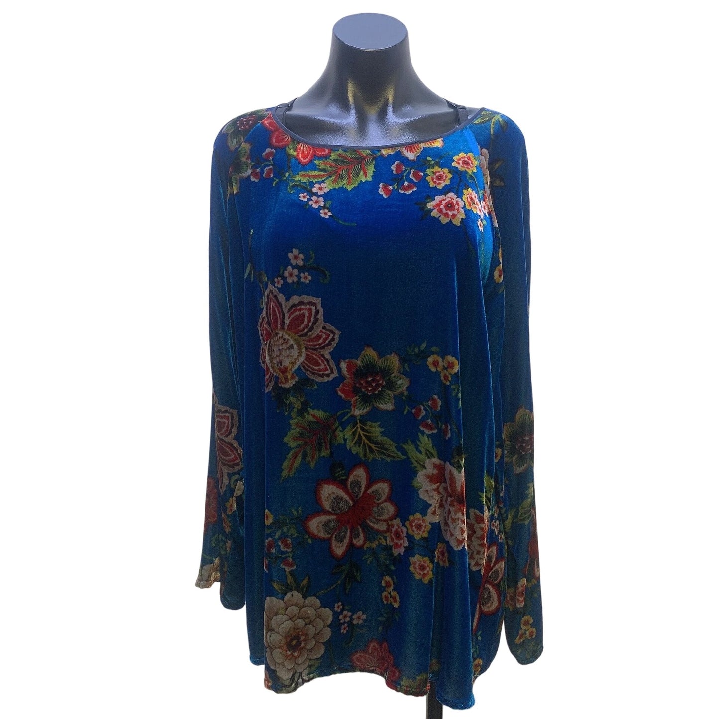 Johnny Was Blue w/Multicolored Print Velvet Long Sleeve Tunic Blouse Size Large