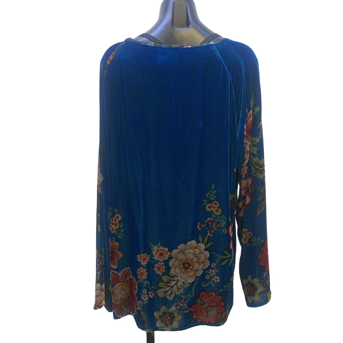 Johnny Was Blue w/Multicolored Print Velvet Long Sleeve Tunic Blouse Size Large