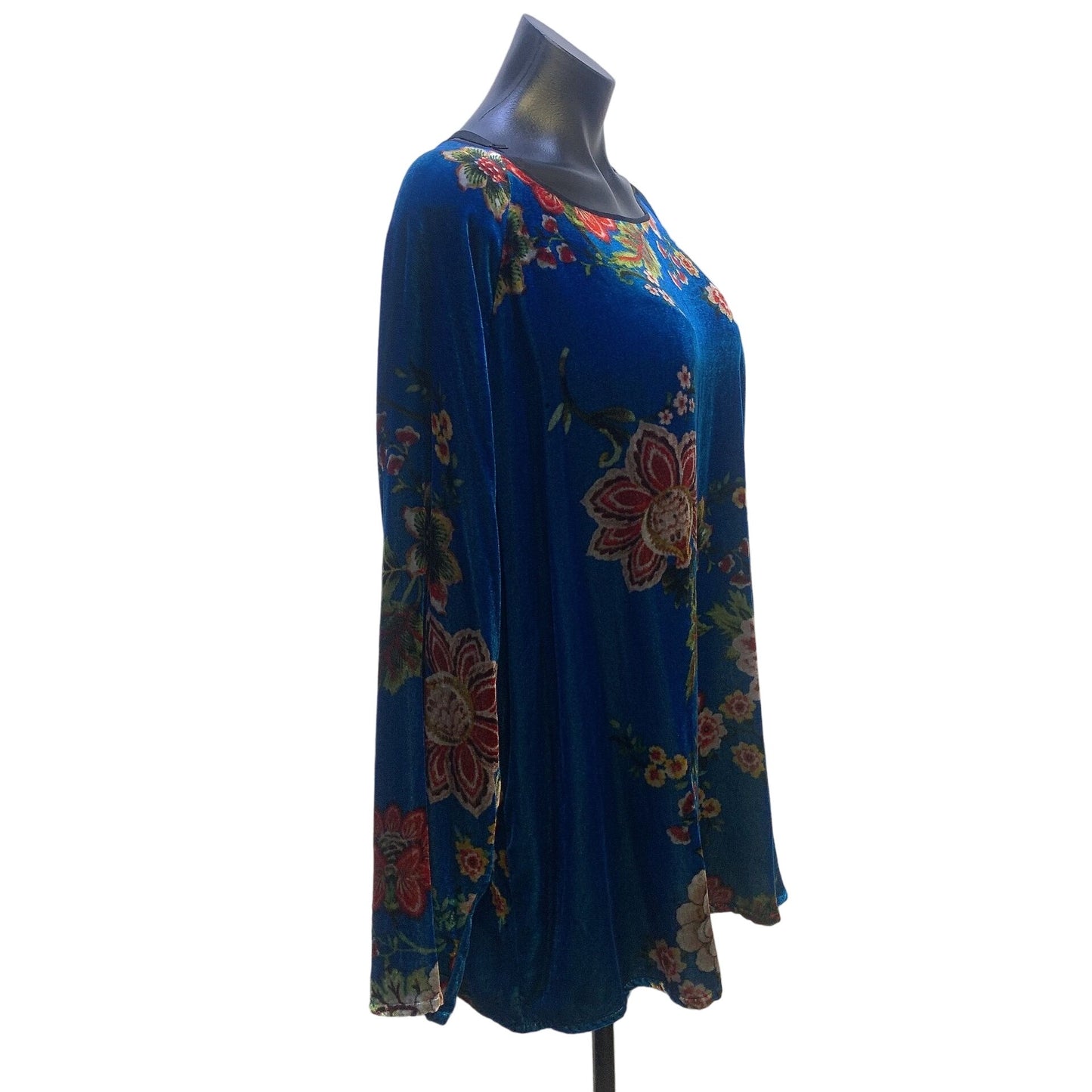 Johnny Was Blue w/Multicolored Print Velvet Long Sleeve Tunic Blouse Size Large