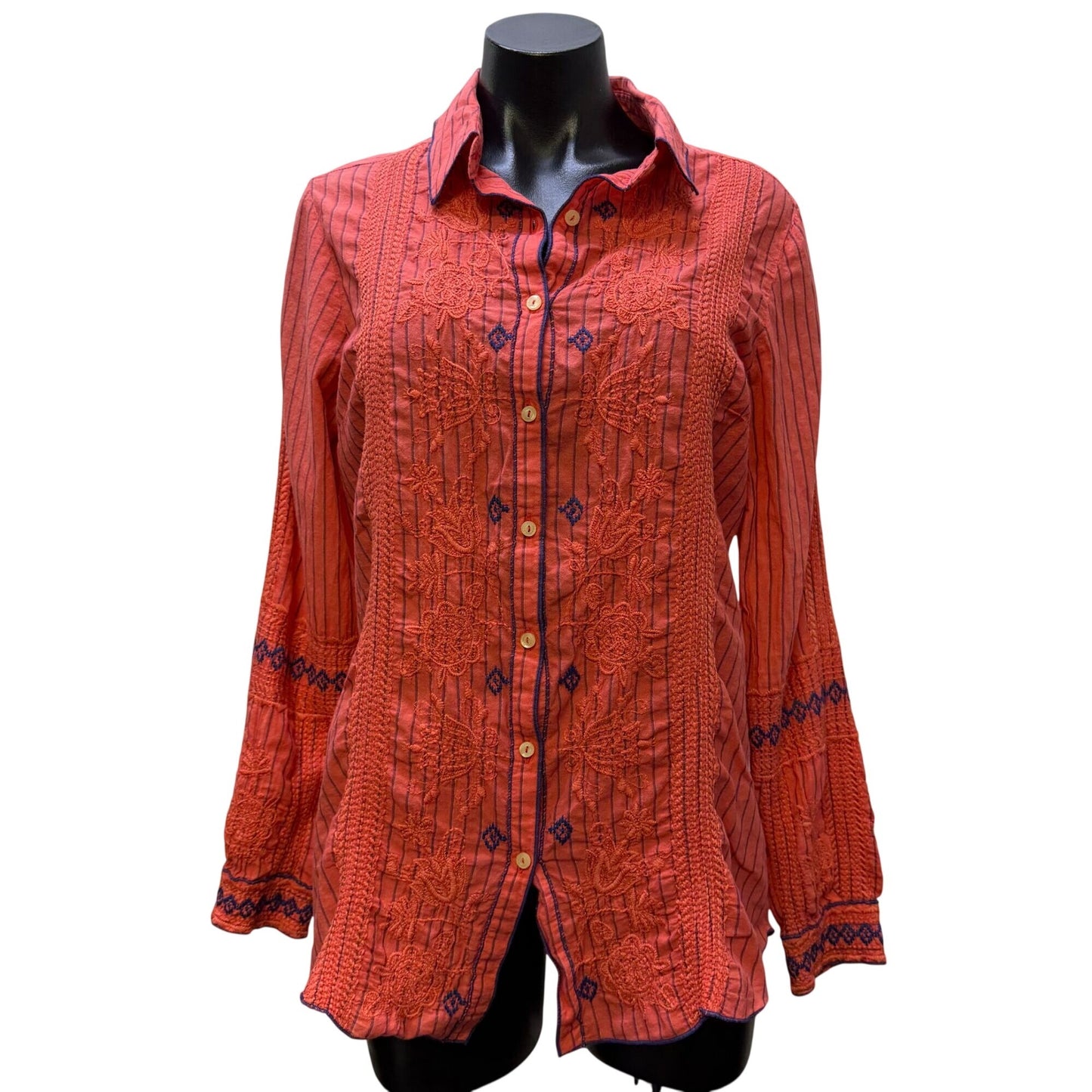 Johnny Was 3J Workshop Pink & Blue Embroidered Button-Down Blouse S