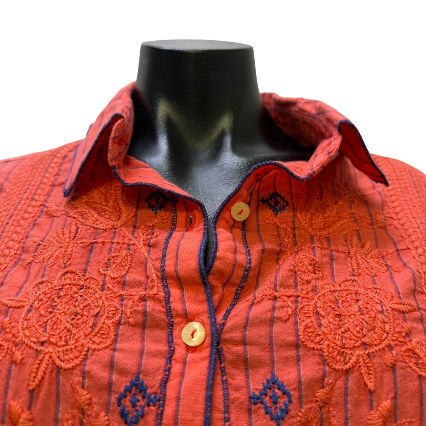 Johnny Was 3J Workshop Pink & Blue Embroidered Button-Down Blouse S