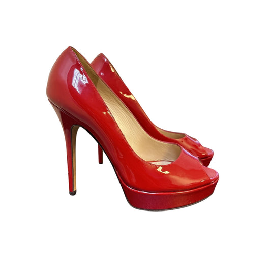 Jimmy Choo Red Patent Leather Peep Toe Platform Heels Size 7.5