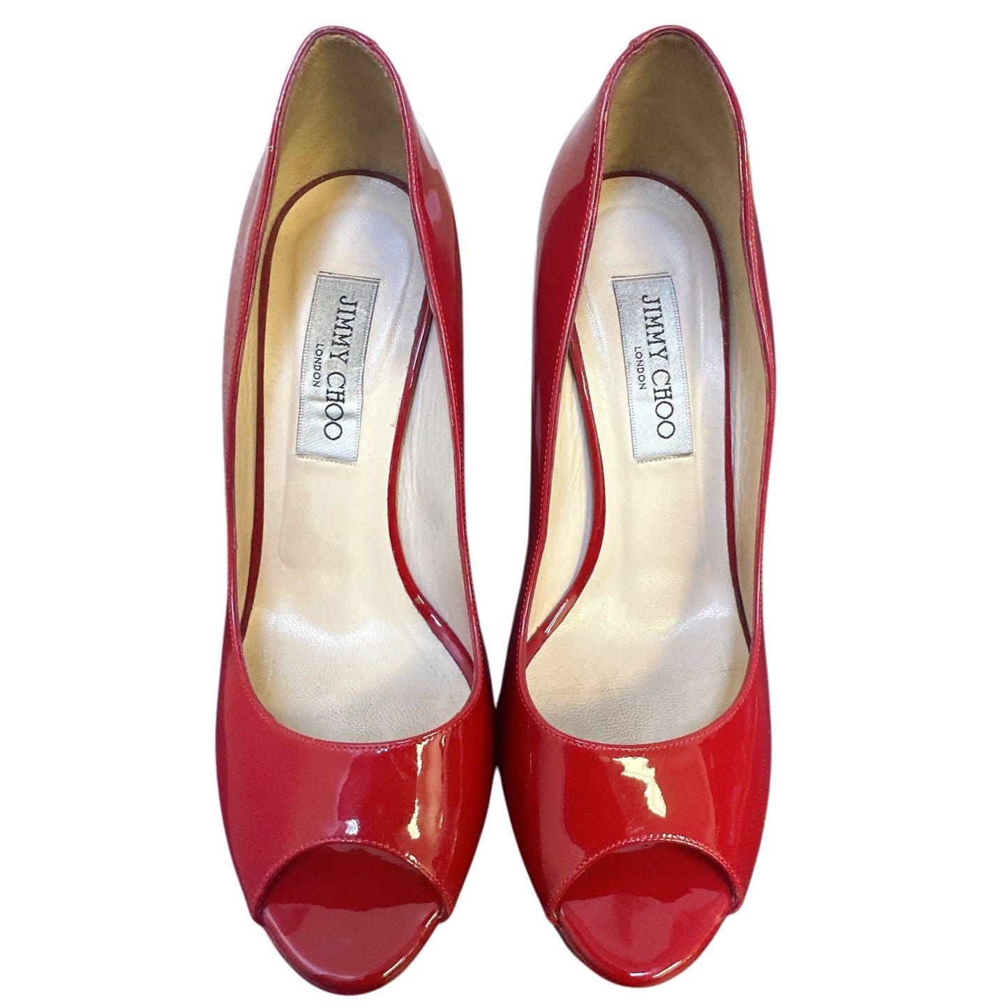 Jimmy Choo Red Patent Leather Peep Toe Platform Heels Size 7.5