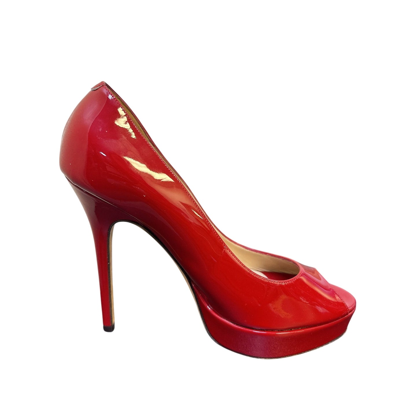 Jimmy Choo Red Patent Leather Peep Toe Platform Heels Size 7.5