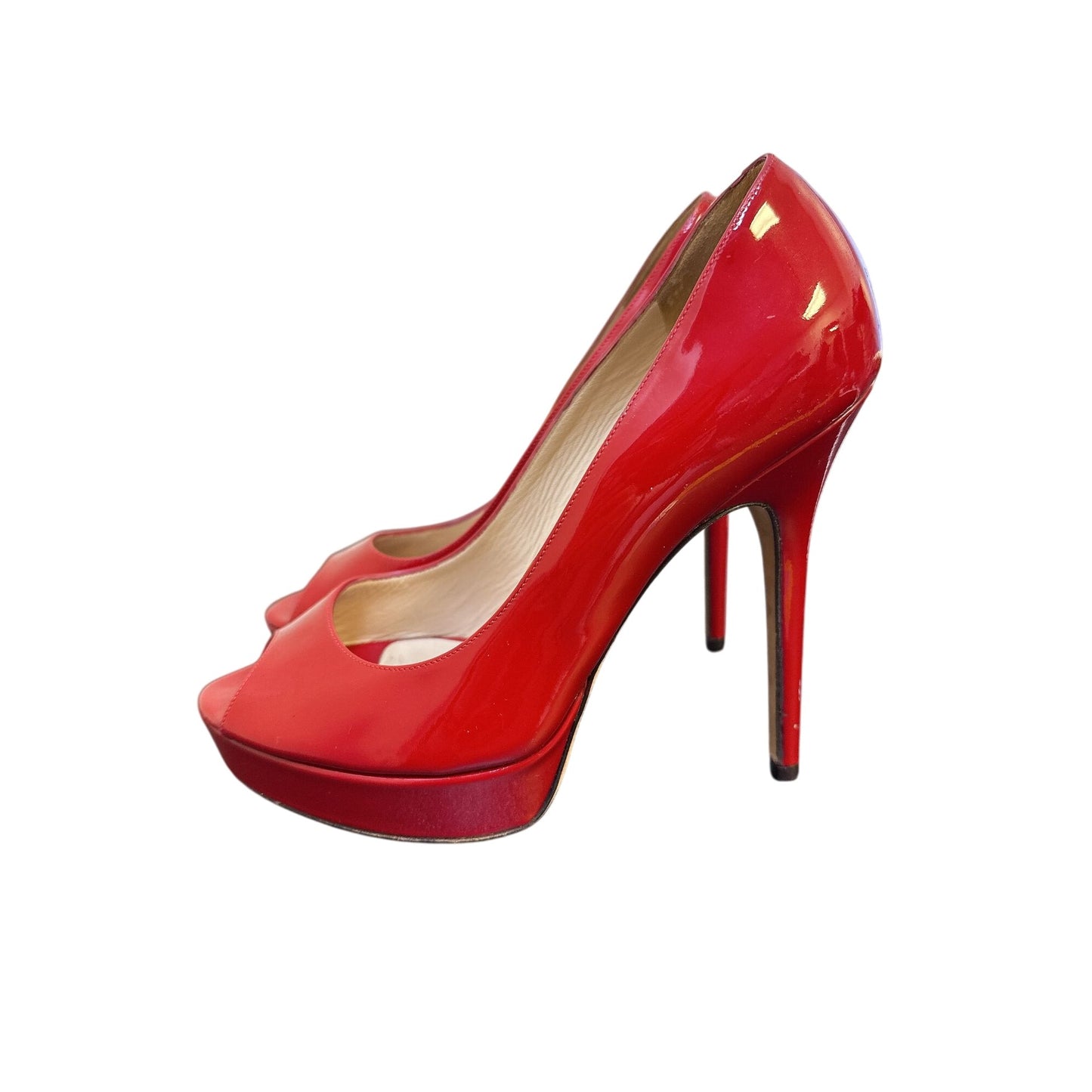 Jimmy Choo Red Patent Leather Peep Toe Platform Heels Size 7.5