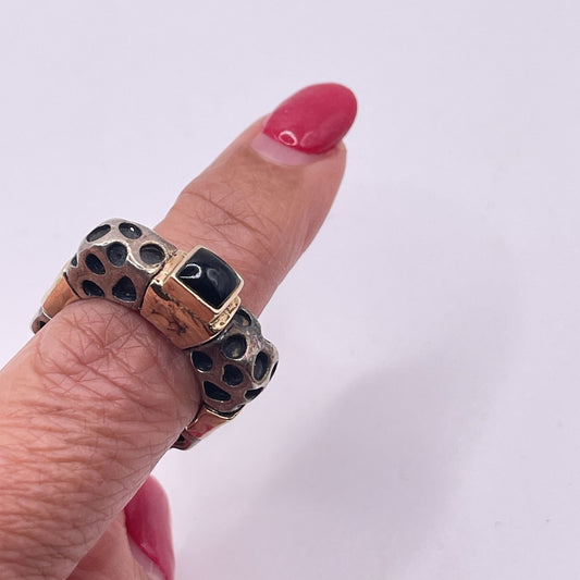 Dian Malouf Sterling Silver & 14K Gold Black Onyx Leopard Design Ring 8.5