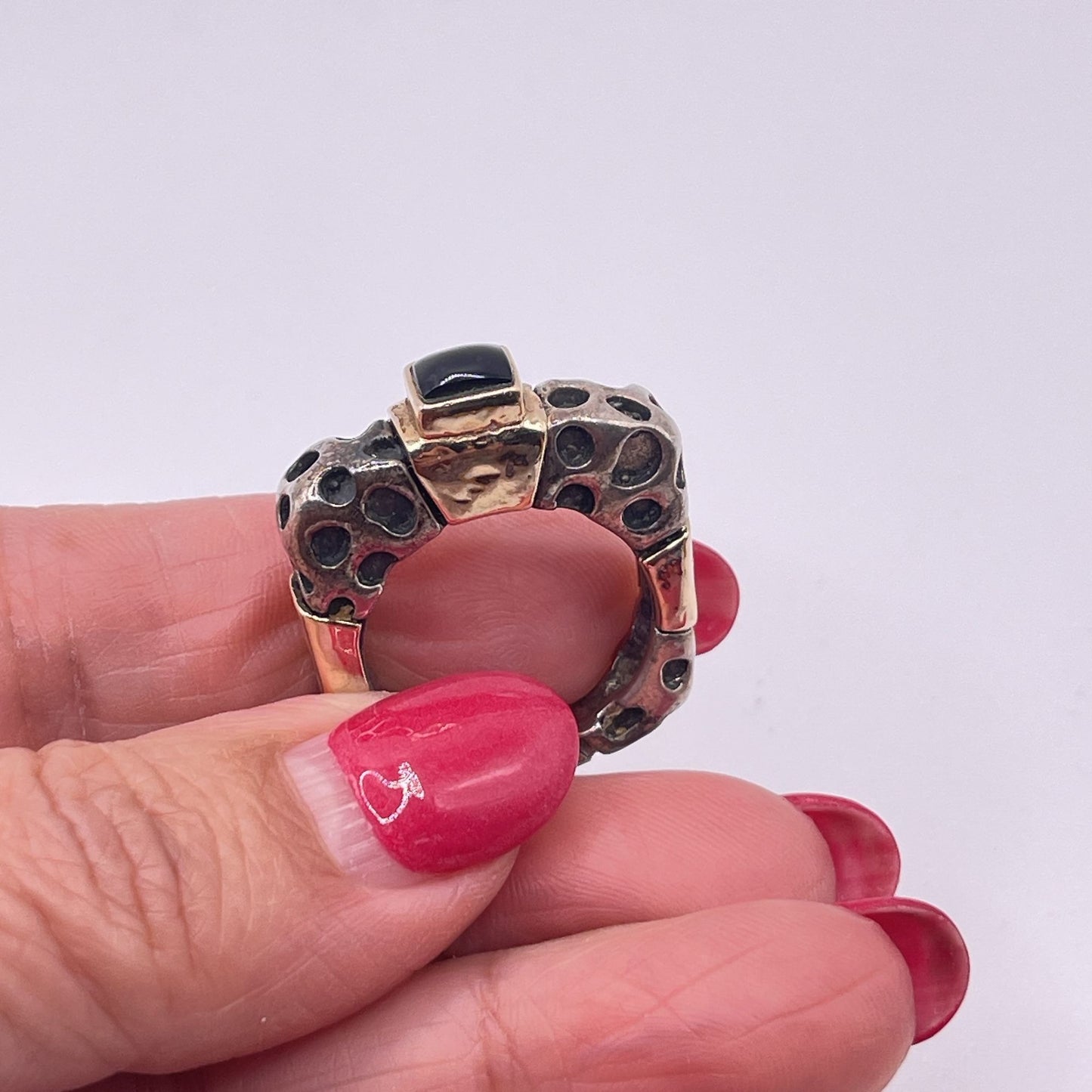 Dian Malouf Sterling Silver & 14K Gold Black Onyx Leopard Design Ring 8.5