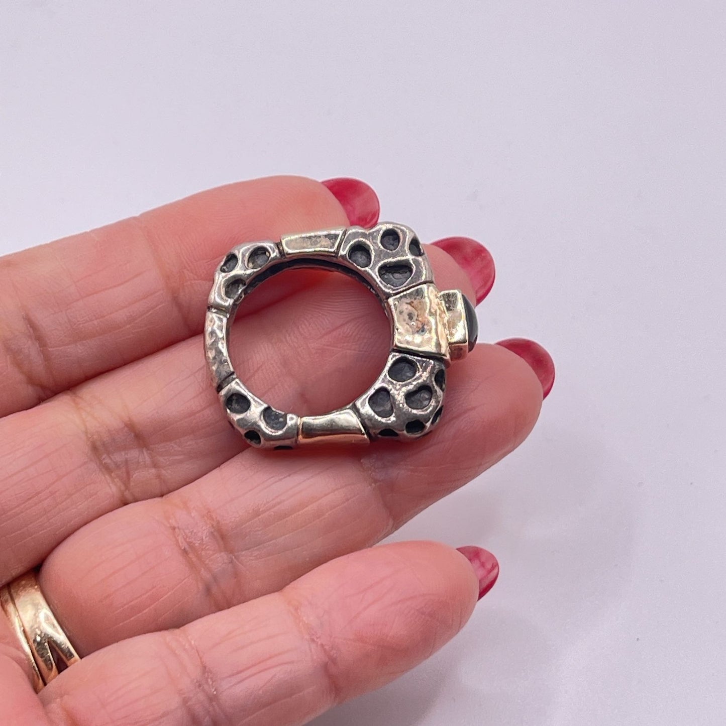 Dian Malouf Sterling Silver & 14K Gold Black Onyx Leopard Design Ring 8.5