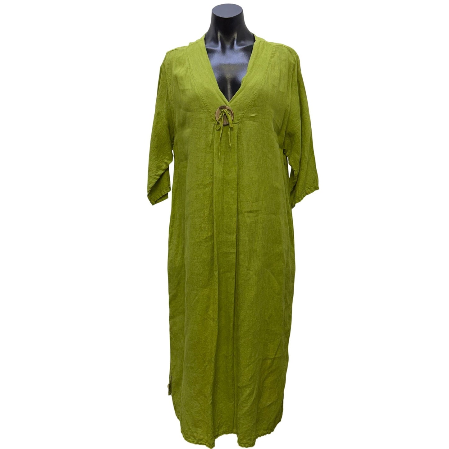 Linen Maxi Dress Green With V-Neck & Tie Closure Made In Italy L
