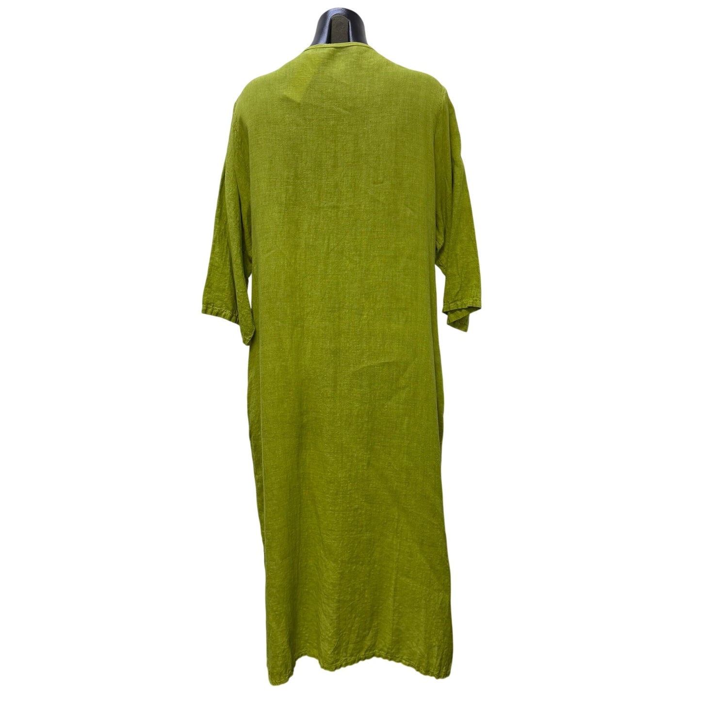 Linen Maxi Dress Green With V-Neck & Tie Closure Made In Italy L