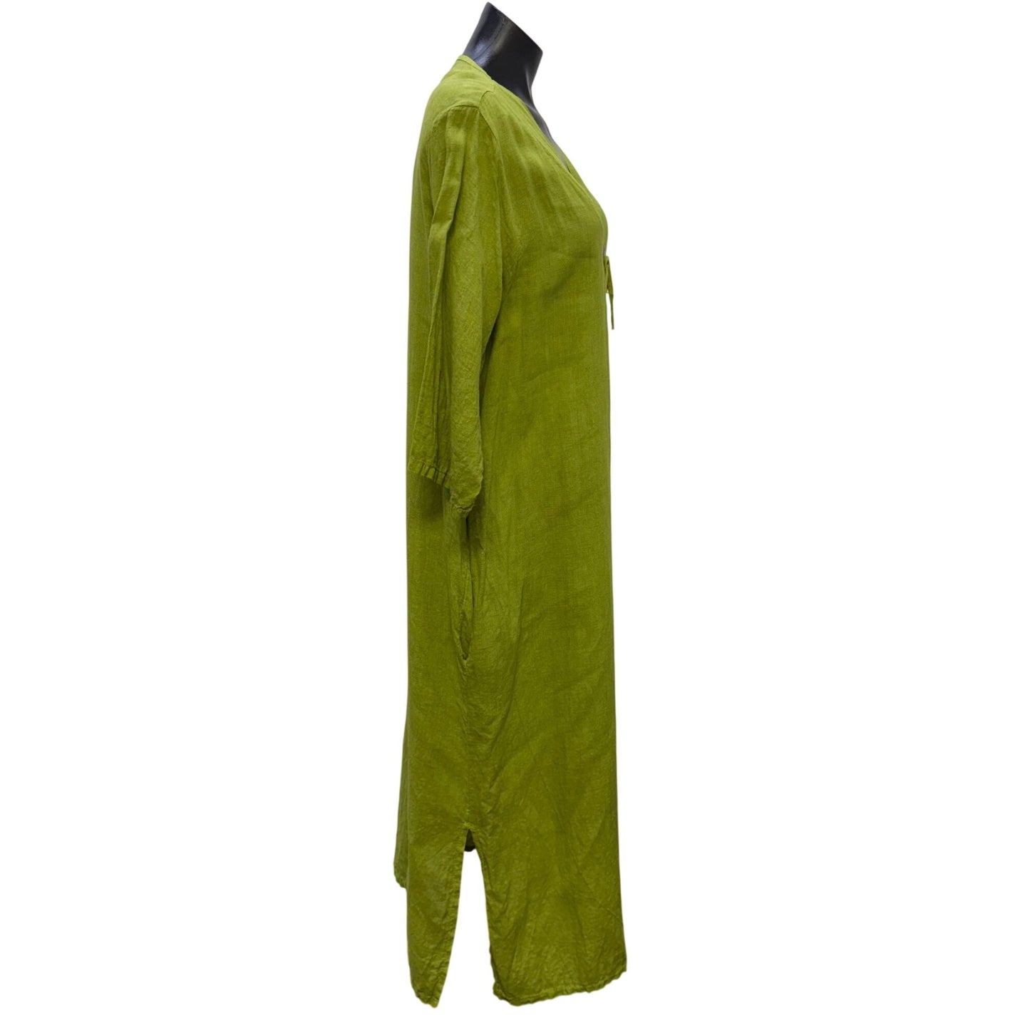 Linen Maxi Dress Green With V-Neck & Tie Closure Made In Italy L
