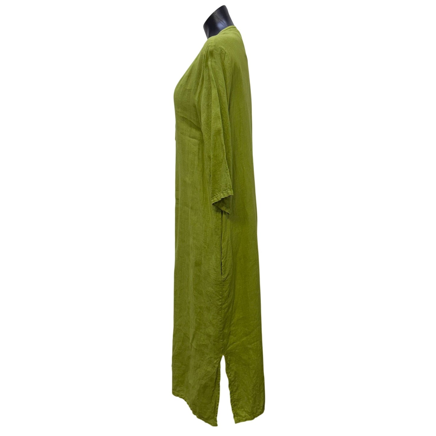 Linen Maxi Dress Green With V-Neck & Tie Closure Made In Italy L