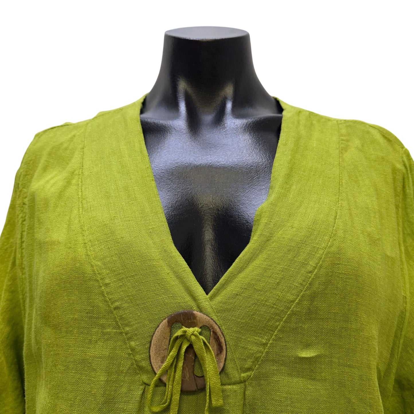 Linen Maxi Dress Green With V-Neck & Tie Closure Made In Italy L