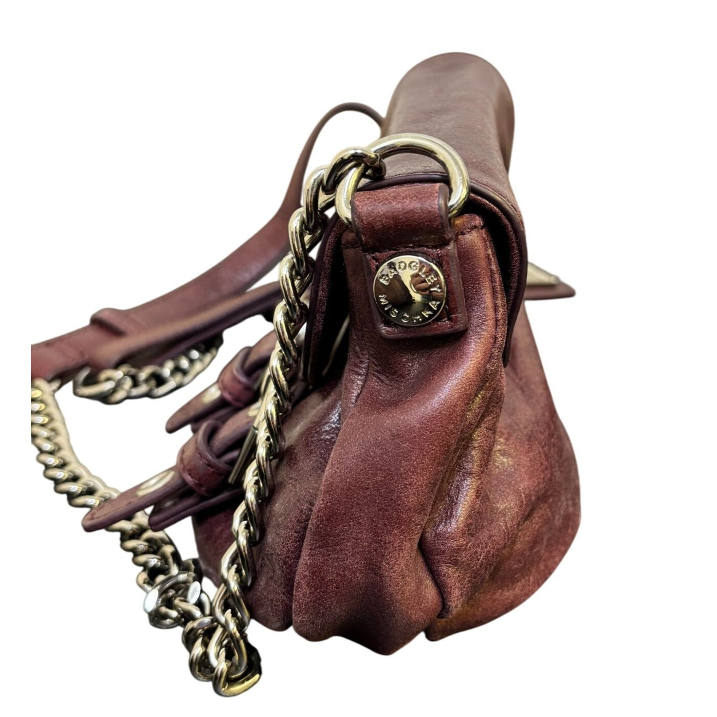 Badgley Mischka Crossbody Purse Wine Leather Chain Strap S