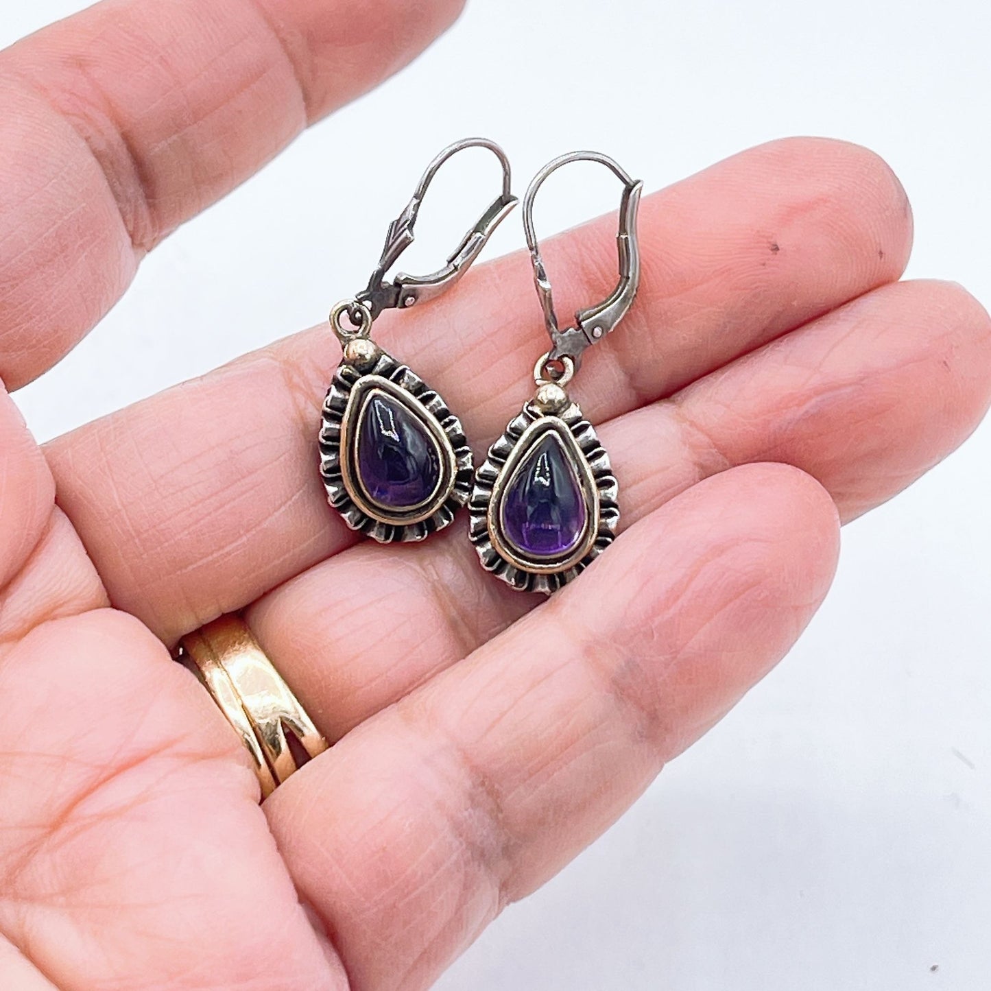 925 Two Tone Gold Silver Amethyst Stone Dangle Earrings Medium