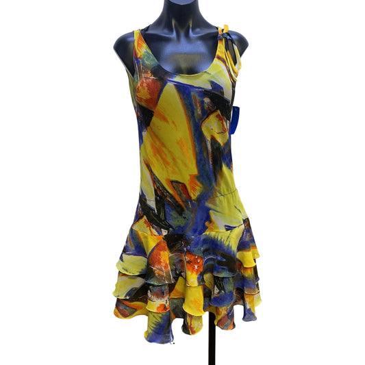 Pat Dahnke Yellow w/Multicolored Print Ruffled Hem Tank Dress Size Small