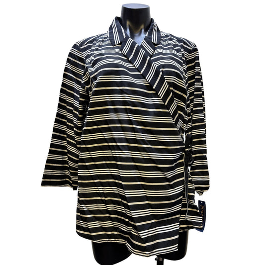 NWT Pendleton Black & White Striped Silk Blouse With Wrap Style XL