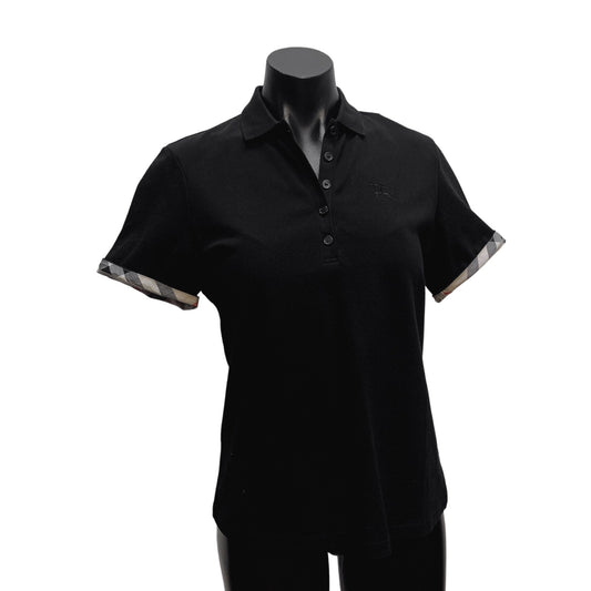 Burberry Brit Black w/Signature Plaid Sleeve Pique Button Polo Shirt Size Medium