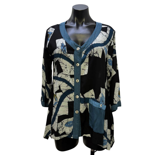 Lyng Black & Blue Abstract Button-Front Rayon Blouse With 3/4 Sleeves  S